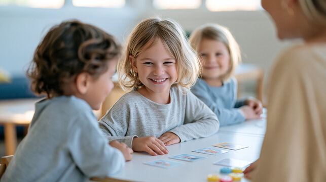 Kindergarten children playing a cooperative board game at a low table, simple picture cards and colorful counters, teacher observing from nearby, realistic expressions and
