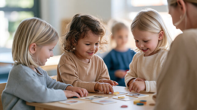 Kindergarten children playing a cooperative board game at a low table, simple picture cards and colorful counters, teacher observing from nearby, realistic expressions and