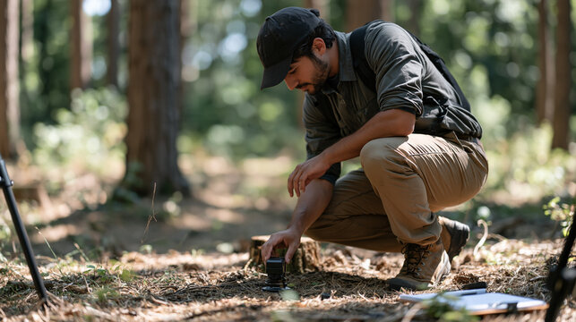 Precision forestry researcher measuring forest canopy moisture using terrestrial laser scanning and thermal sensors, forest ecology, vegetation water stress, climate research,