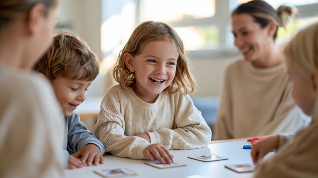 Kindergarten children playing a cooperative board game at a low table, simple picture cards and colorful counters, teacher observing from nearby, realistic expressions and
