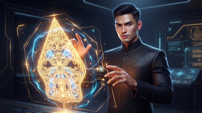 A handsome Indonesian man in black batik suit interacting with a glowing holographic wayang gunungan screen in sci-fi room
