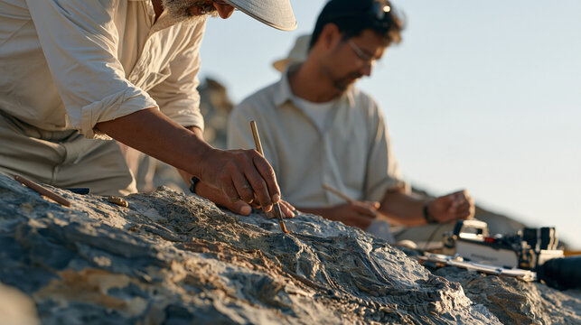 Artificial intelligence helping paleontologists distinguish fossil impressions from modern root traces in a sandstone slab, field researcher brushing sediment from a rock surface,