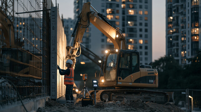 AI optimizing the placement of temporary acoustic barriers around a nighttime construction site, civil engineer arranging modular panels beside excavators, surrounding apartment