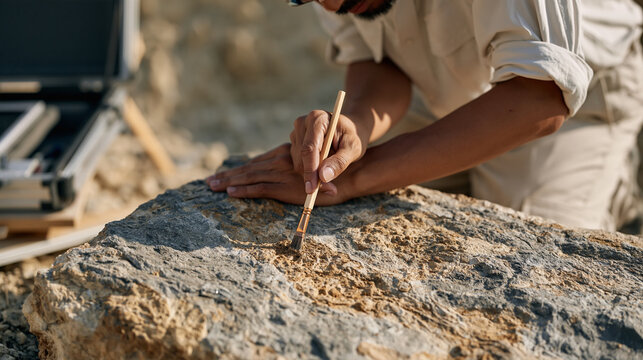 Artificial intelligence helping paleontologists distinguish fossil impressions from modern root traces in a sandstone slab, field researcher brushing sediment from a rock surface,