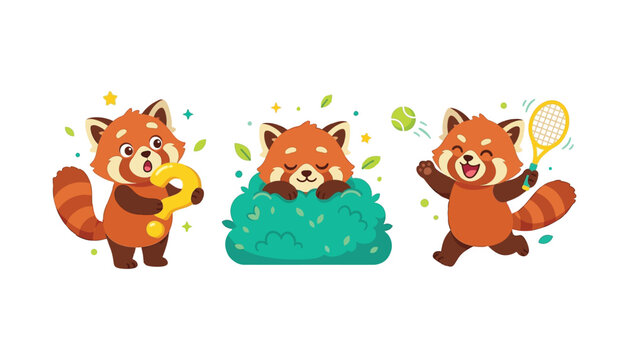 Cute red panda cartoon characters vector illustration set featuring question mark sleeping in bush and playing tennis