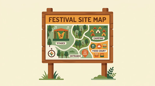 Festival site map on a wooden sign board showing camping and food areas