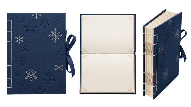 Set of three views of a dark blue journal featuring embossed silver snowflake patterns and ribbon closure isolated on a transparent background