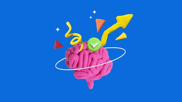 Startup, idea concept. Pink clay brain with arrow up, check mark. Process of thinking. Mental health. Intelligence and mind. Education, learning and knowledge concepts. Clay animation