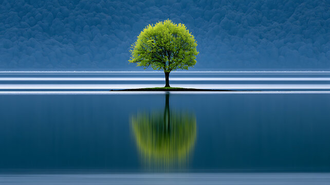 A single vibrant green tree stands on a small island in a calm lake with a blurred reflection