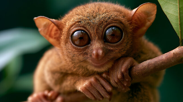 Cute tarsier primate close up portrait in natural habitat