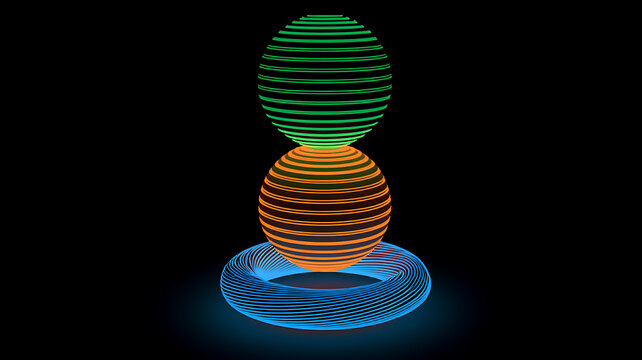 Digital glowing wireframe spheres and torus shapes stacking on black background