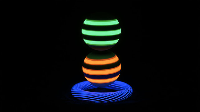 Abstract 3d rendering of glowing spheres and a twisted blue torus floating against a dark background
