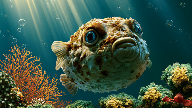 Cute pufferfish swimming underwater in the ocean