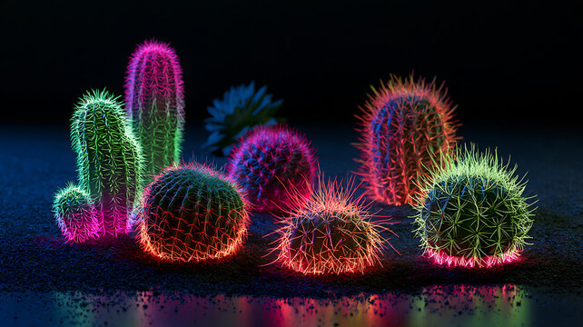 Neon glowing cacti in the dark