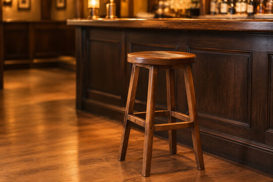 Wooden barstool in front of dark bar counter in empty room, hospitality and interior concept