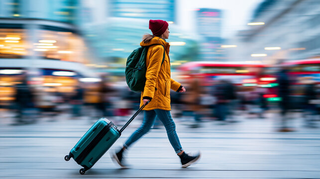 A person in a yellow coat and red hat walks briskly through a busy urban area, pulling a green suitcase on wheels.