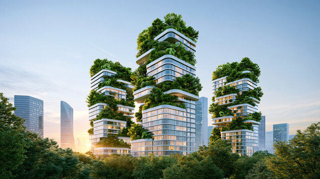 Futuristic urban buildings covered with lush greenery, blending modern architecture with nature in a sustainable cityscape during sunset.