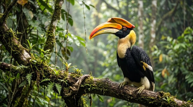 Great hornbill perched on a mossy branch inside a lush green tropical rainforest habitat