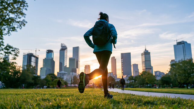 A person jogs in a park at sunset with a city skyline in the background, combining urban life and outdoor fitness.