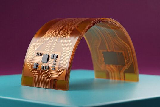 Flexible circuit board arching with copper traces and microchips