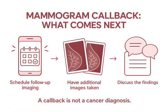 Mammogram callback guide showing follow-up imaging, appointment scheduling and findings discussion, patient infographic isolated on a white background