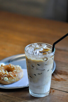 coffee, iced coffee or iced latte coffee or iced mocha coffee and donut