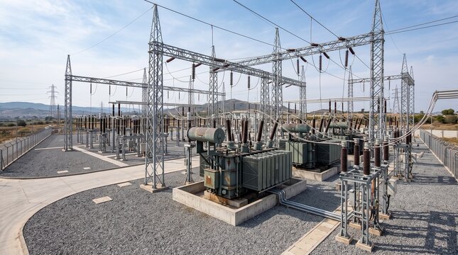Electrical substation with high voltage transformers and metal towers.