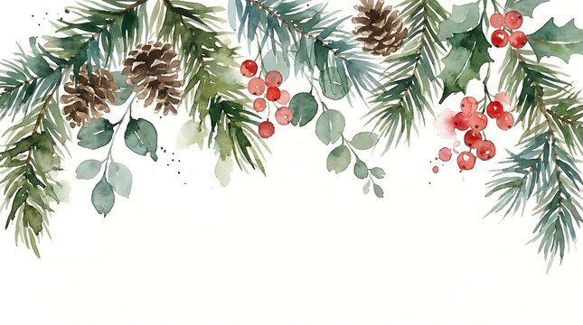 Watercolor christmas garland with pine branches pinecones and red berries on white background