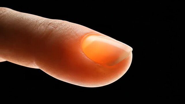 Close up of a human finger glowing with internal red light highlighting skin texture and nail against a black background