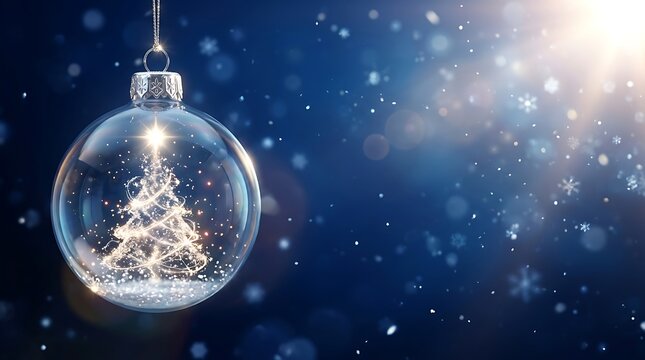 Beautiful christmas tree inside a glass bauble ornament with magical glowing bokeh background