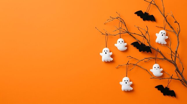 Halloween decorations with cute ghosts and black bats hanging on branches on orange background