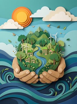 Hands holding a sustainable green earth with renewable energy and nature paper art