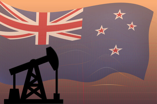 New Zealand Oil Industry, Oil Pumpjack Silhouette with National Flag, Energy Production and Petroleum Extraction Vector Background