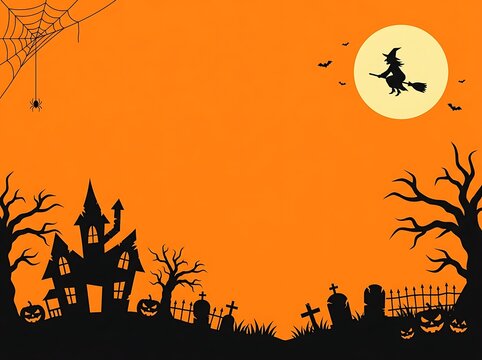 Spooky halloween scene with witch flying past a haunted house