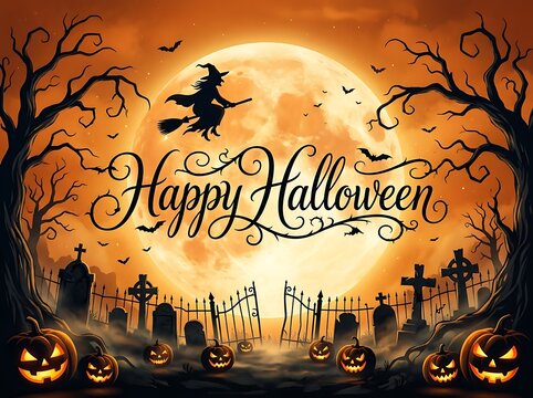 Spooky halloween night scene with witch flying by full moon