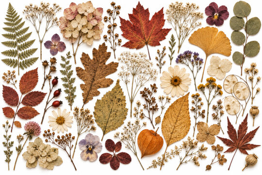 Dried autumn leaves and pressed flowers collection