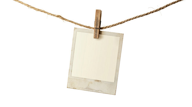A blank photographic image clipped to a clothesline with a wooden clothespin