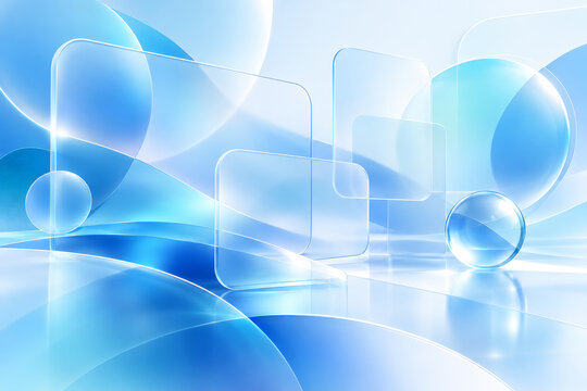 Transparent blue glass geometric shapes and spheres