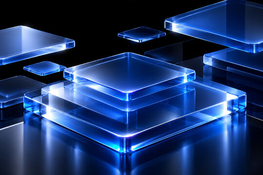Floating illuminated transparent blue glass platform layers