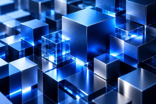 Glossy blue geometric cube technology background