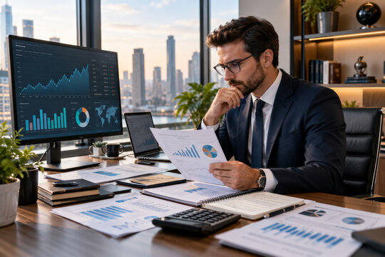 Business executive reviewing investment charts in office