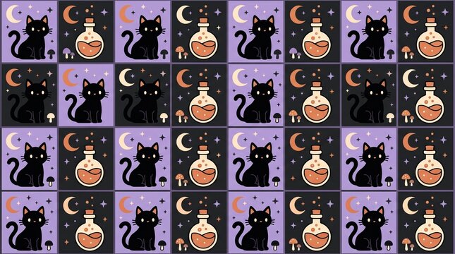 Seamless vector pattern with cute black cats, magic potions, and crescent moons. Witchy Halloween repeating background design, spooky autumn illustration.