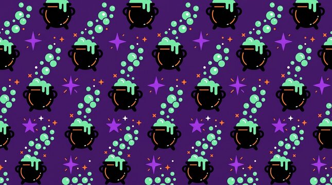 Halloween seamless pattern with black witch cauldrons, bubbling green potion, stars and magic bubbles on dark purple background vector illustration