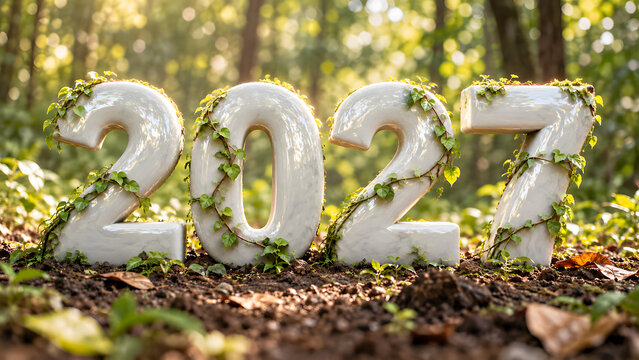 happy new year 2027 with glossy white numerals wrapped in green vines and illuminated by warm forest sunlight