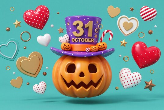 3D illustration of cute Halloween jack-o-lantern pumpkin wearing purple polka dot top hat with 31 October date, floating hearts and stars on teal background