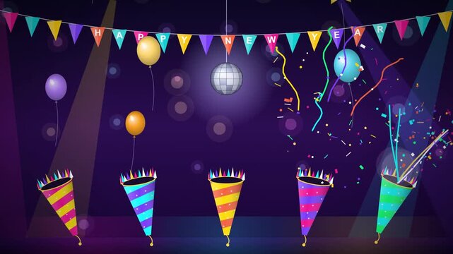 Happy New Year party illustration with exploding confetti poppers and colorful decorations on purple background