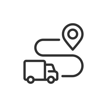 Delivery truck with winding route and location pin, linear icon. Delivery route planning, shipment tracking and last-mile logistics. Line with editable stroke.
