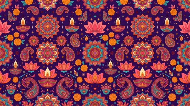 Diwali seamless pattern background with traditional oil lamps with lotus flowers
