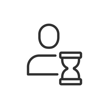 User profile with hourglass, linear icon. Pending account verification, profile review and identity approval process. Line with editable stroke.