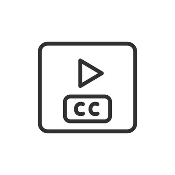Video player with CC symbol, linear icon. Closed captions, accessible video content and subtitle display. Line with editable stroke.